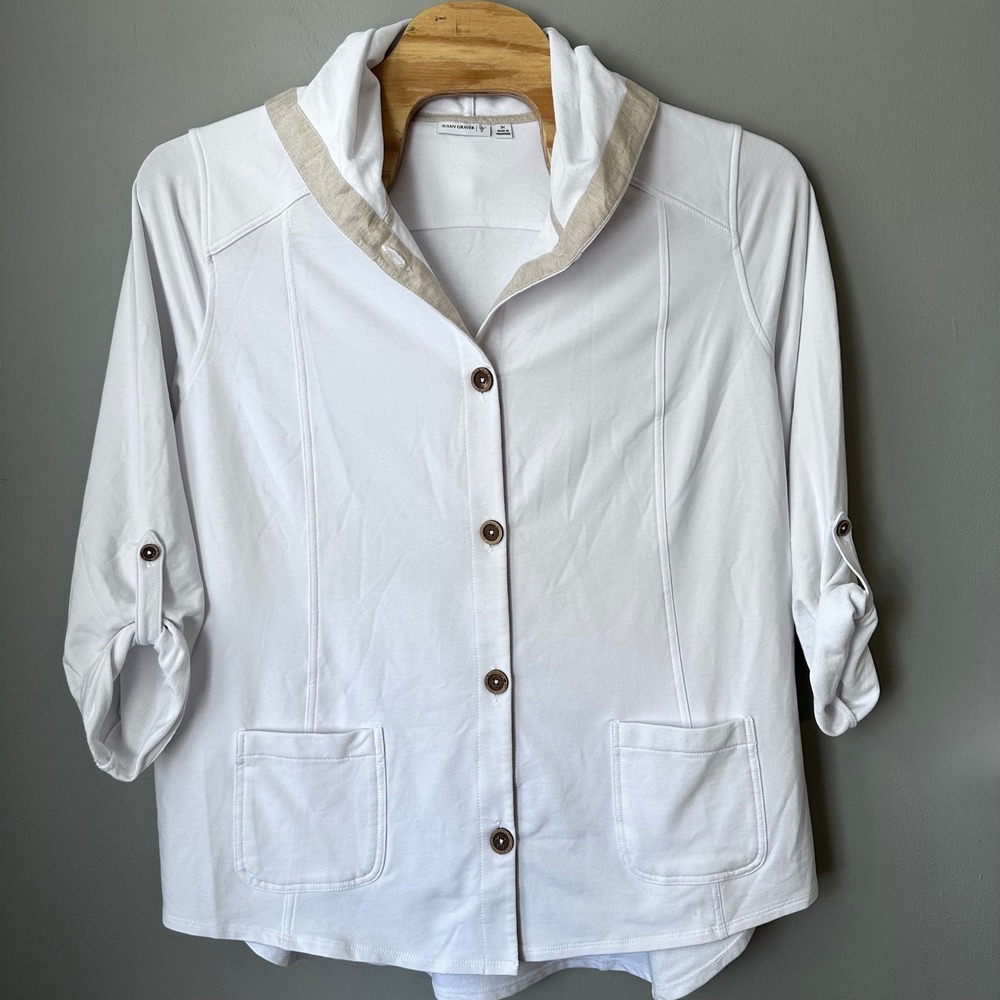 Susan Graver Women Jacket 3X White Sweatshirt Hood Button Up Roll Tab‎ Sleeve
